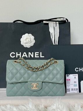 23C CHANEL Caviar Small Classic Double Flap Bag Light Blue Green & Gold HW
